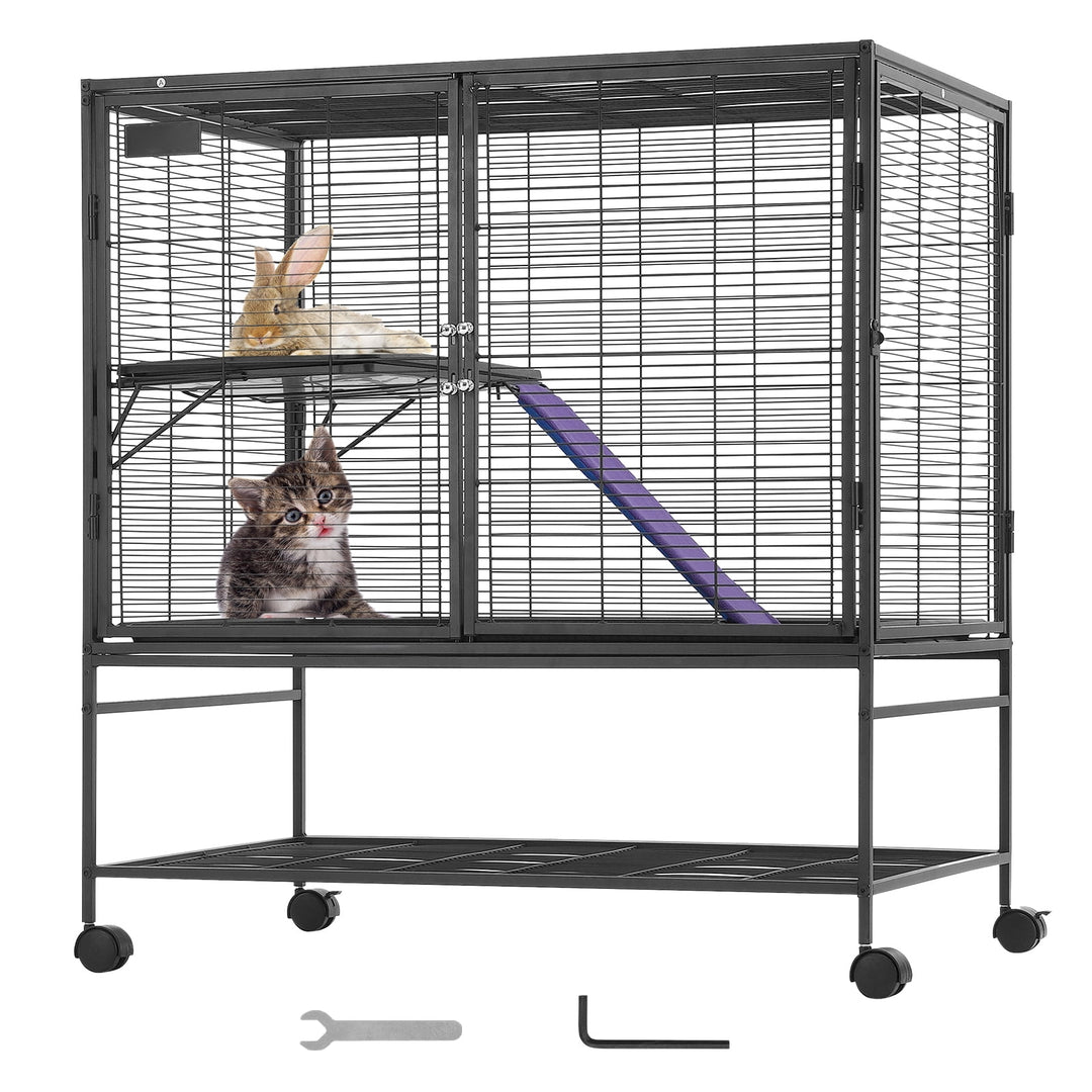 KFFKFF 39" Metal Mobile Ferret Home, Spacious Double-Deck Habitat, Includes Ramps & Tray, Simple Assembly, Ideal for Rats, Hamsters, Guinea Pigs, Chinchillas, Squirrels, Hedgehogs, Bunnies