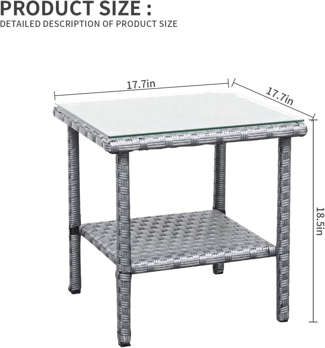 Outdoor Wicker Glass Top Side Table - Patio Rattan Square End Table with Storage, Grey