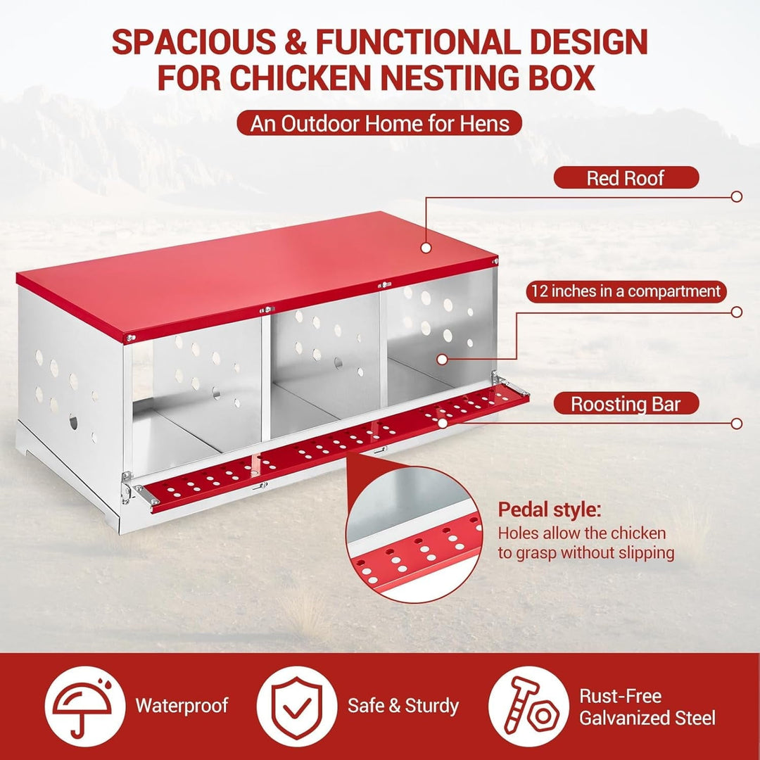 M optimized Chicken Nesting Boxes for Laying Eggs, Metal Chicken Nesting Box with Vented Holes and Swing Perch for Chicken Coop, Egg Laying Boxes for Chickens, Hens, Ducks, 3 Compartments