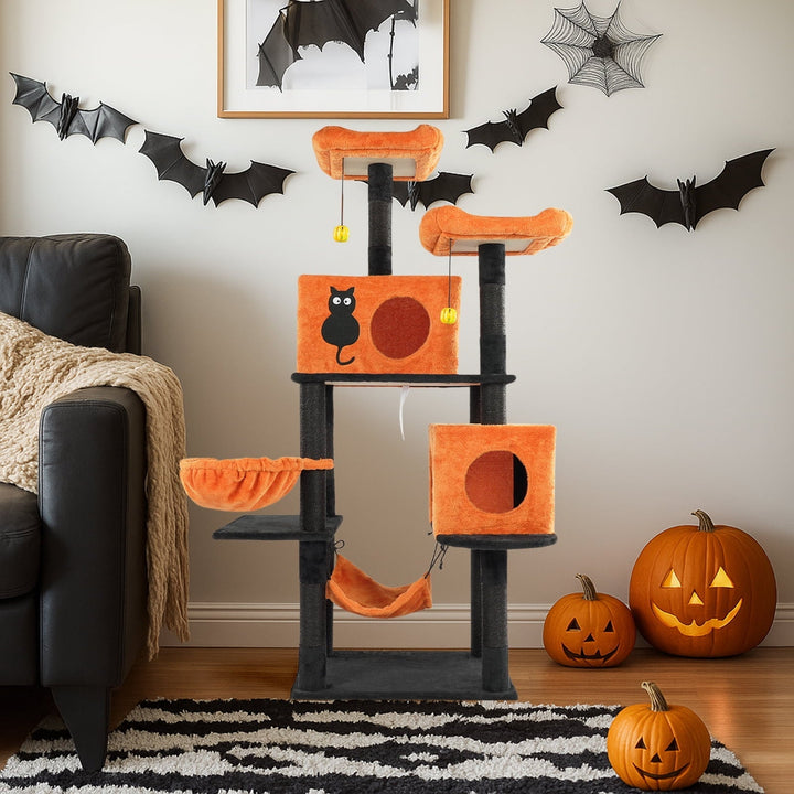 ZephyPaws 61 in Gothic Cat Tree,Large Cat Tower for Indoor Cats,Plush Multi-Level Cat Condo with 5 Scratching Posts,3 Perches,2 Caves,2 Hammock,2 Pom Poms,Black Red