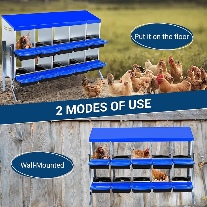 Galvanized Steel Chicken Nesting Box w/ Roll-Away Tray, 6/8/10 Hole Options, Wall/Stand Mount
