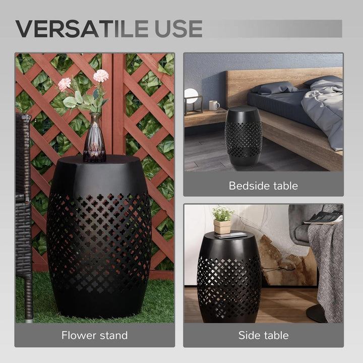 Resenkos Outdoor Side Table, Round Hollow Drum Patio End Table, Steel, Black