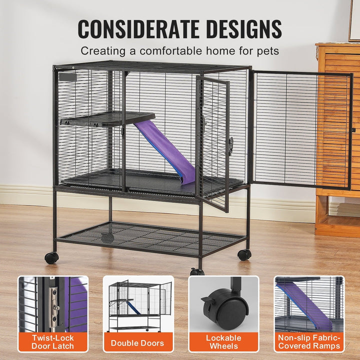 KFFKFF 39" Metal Mobile Ferret Home, Spacious Double-Deck Habitat, Includes Ramps & Tray, Simple Assembly, Ideal for Rats, Hamsters, Guinea Pigs, Chinchillas, Squirrels, Hedgehogs, Bunnies