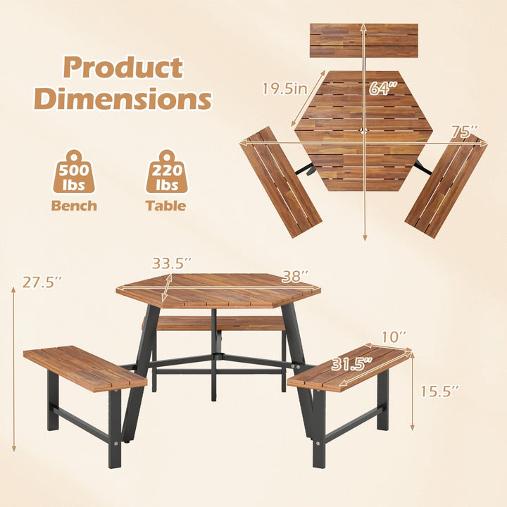 Gymax 6 Person Acacia Wood Picnic Table Bench Set w/3 Seats Umbrella Hole Metal Frame