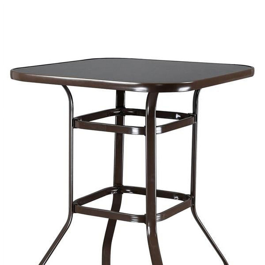 Matte Brown Iron Outdoor Bar Table, 31.5" Square Black Tempered Glass Top, Double-Ring Reinforced, for Home/Bar/Restaurant
