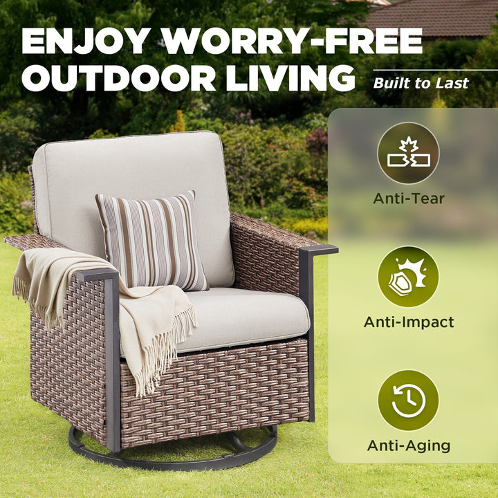 Lumiinofami 6 Pieces Outdoor Patio Conversation Furniture Set - 2 Outdoor Sofa, 2 Wicker Swivel Rocking Glider Chairs and 2 Ottomans, for Garden, Balcony, Porch, Beige