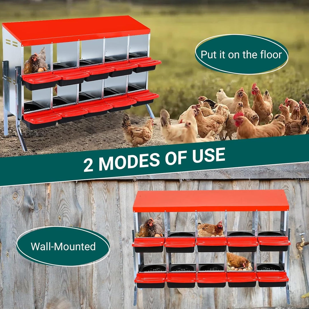 Pinypikaka Chicken Nesting Box with Bracket Legs, 10 Compartments Nesting Boxes for Chickens, Chicken Laying Boxes, Roll Away Nesting Box for Chickens Laying Egg with Lid Cover