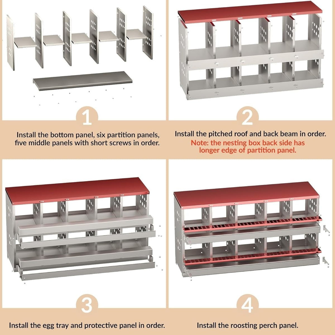 Lumiparty Chicken Nesting Box, 10 Compartment Metal Nesting Boxes for Hens Laying Eggs, Red