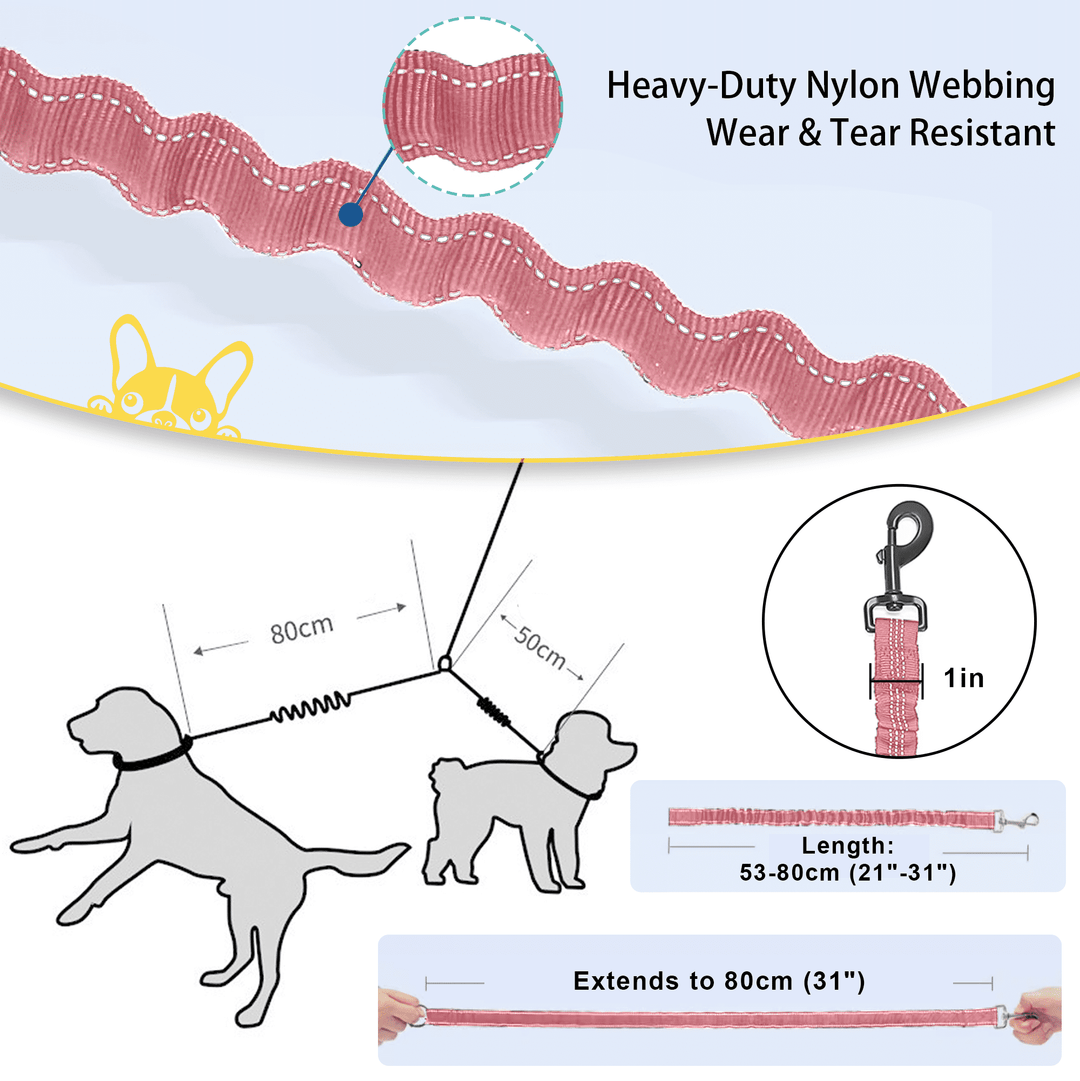 Double Dog Leash for Walking 2 Dogs - Tangle-Free 360° Swivel & Shock-Absorbing Bungee(Pink)
