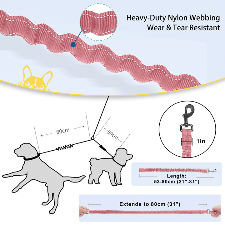 Double Dog Leash for Walking 2 Dogs - Tangle-Free 360° Swivel & Shock-Absorbing Bungee(Pink)