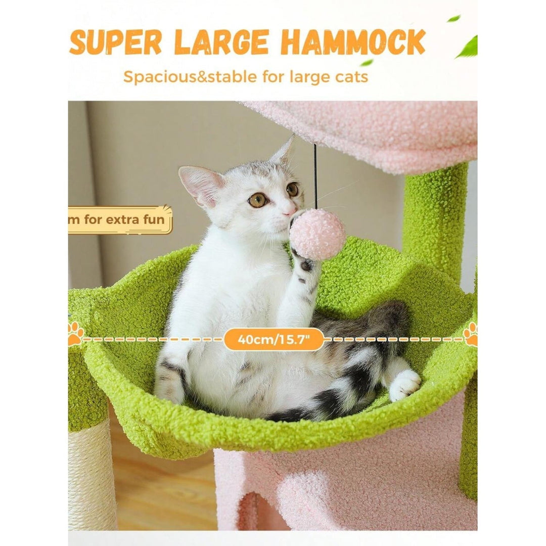 Road Large Cat Tree,41 Inches Multi-Level Cat Tower with 2 Spacious Condos for Large Indoor Cats,Pink Flower Cat House with Comfy Hammock