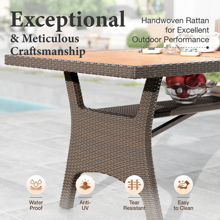 MF Studio 74.8" Patio Table with Acacia Wood Tabletop, 8-Person All-Weather Rattan Outdoor Dining Table, Brown
