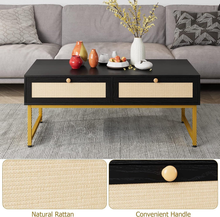 Rattan Coffee Table with 2 Drawer 45.6'' Wood Coffee Table with Storage Boho Dining Table with Rattan Drawer Accent Center Sofa Table with Storage Shelf, Small Coffee Tables for Living Room