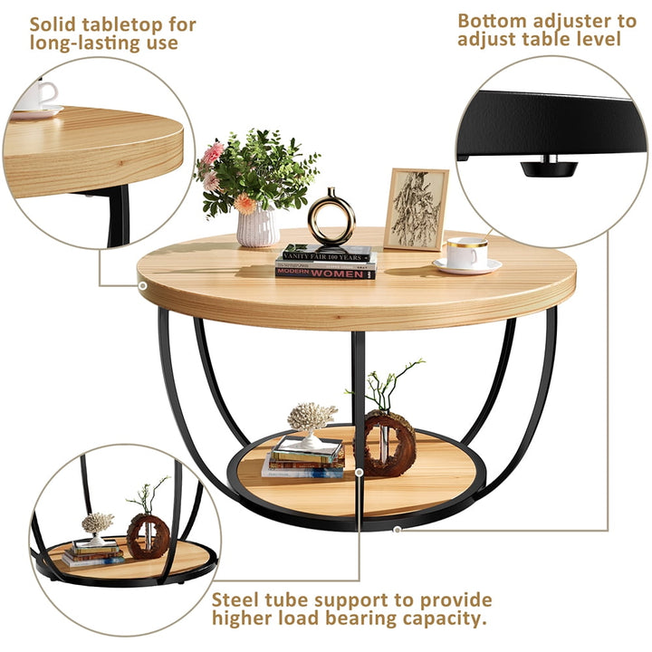 YINGYING 31.5" Round Coffee Table, 2-Tier Accent Center Table, Small Wood Coffee Table with Storage, Modern Cocktail Table for Living Room