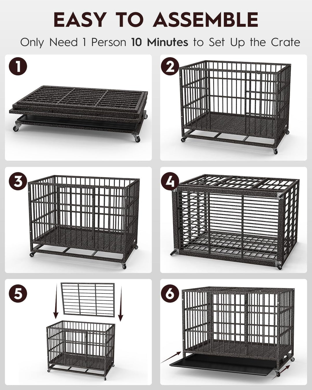 Petorldog 48" Heavy Duty Dog Crates for Large Dogs, Indestructible Escape Proof Kennel, Upgraded Reinforced Baseplate, Lockable Wheels, Spacious Capacity