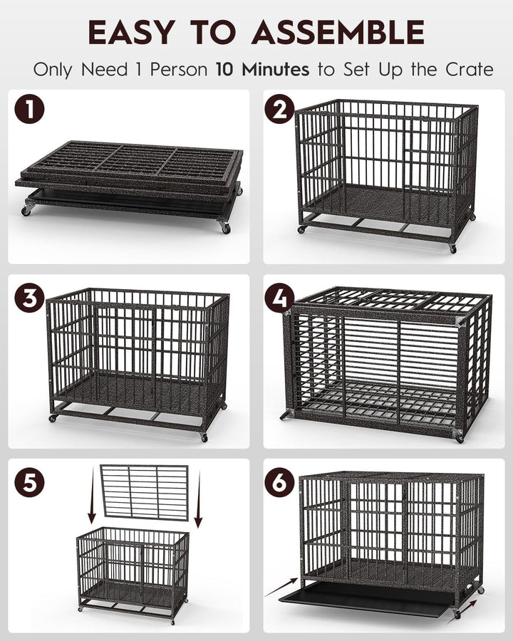 Petorldog 48" Heavy Duty Dog Crates for Large Dogs, Indestructible Escape Proof Kennel, Upgraded Reinforced Baseplate, Lockable Wheels, Spacious Capacity