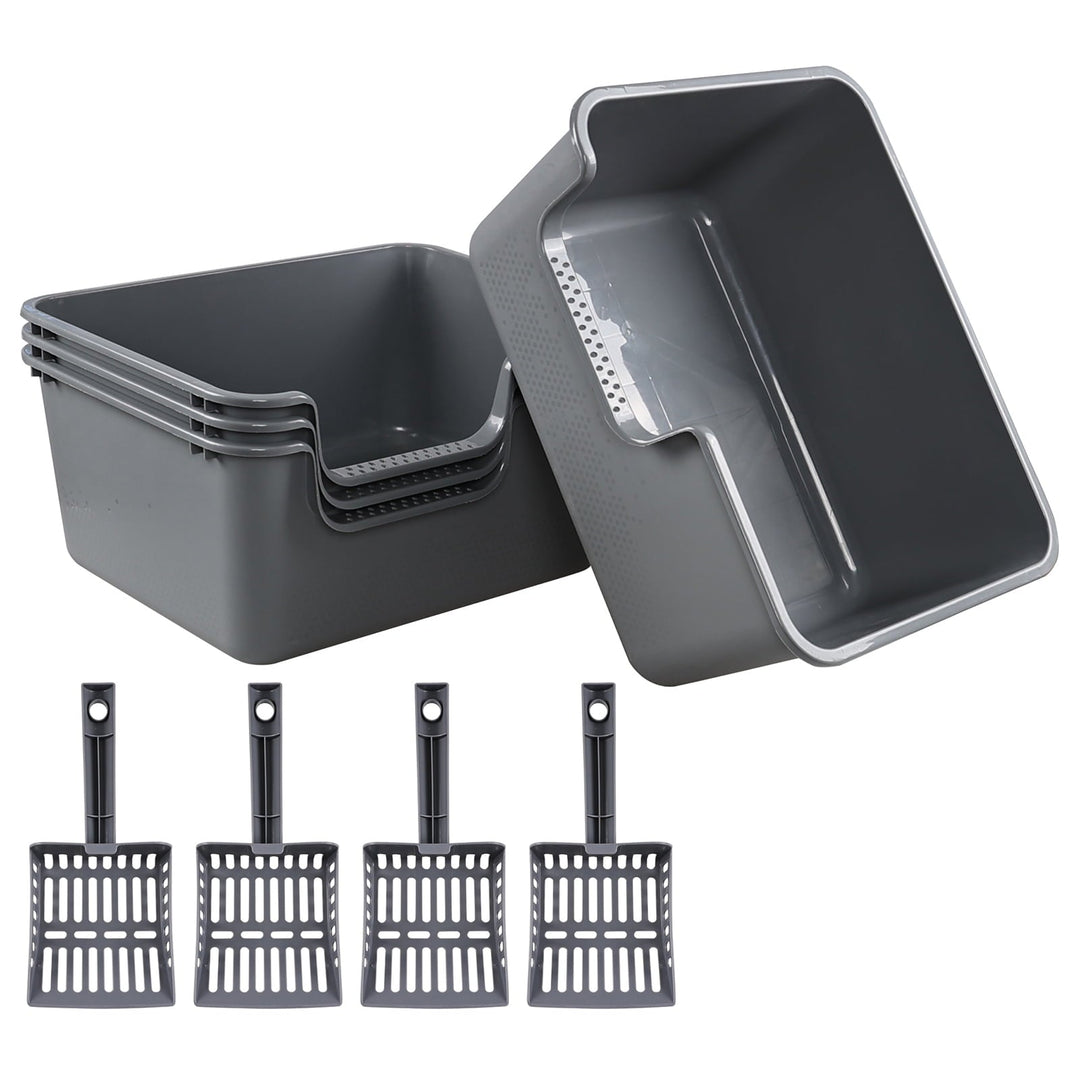 Yesdate 4-Pack Plastic Open Top Kitty Litter Box, Cat Litter Box with High Sides, Including 4 Scoops, Grey