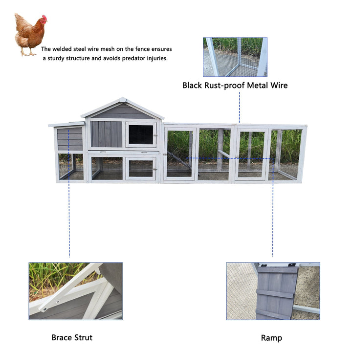 Zephypaws 112" Large Wooden Chicken Coop with Nesting Box, Outdoor Chicken Run Cage, Waterproof Hen House for Backyard, Gray