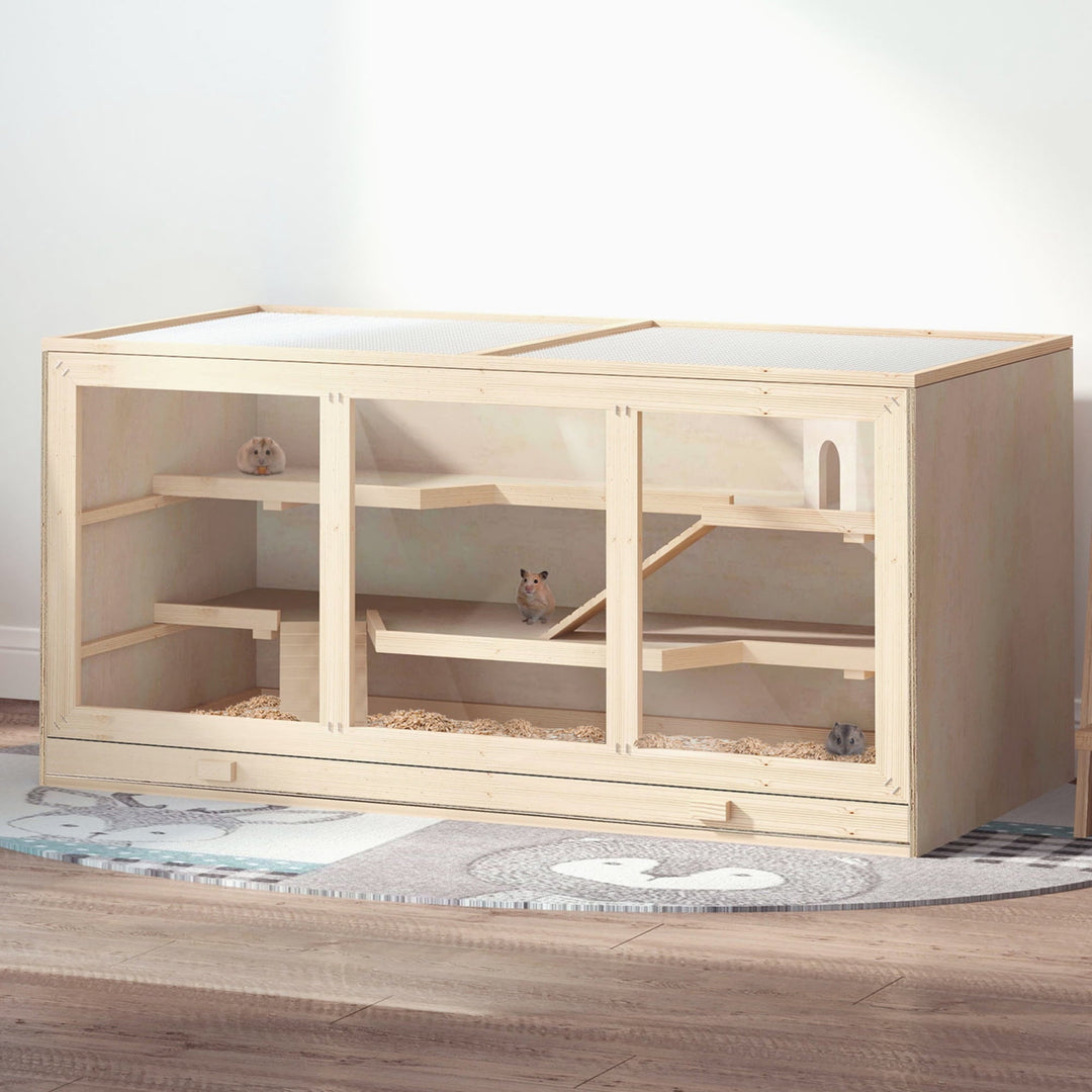 CoSoTower Extra Large Wooden Hamster Cage, Gerbil Cage, and Other Small Animal Habitat, Hamster Habitat with Opening Roof, Hut, Ramps, Natural