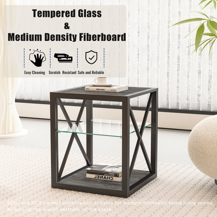 JHSLAJ 1 piece Modern End Table Nightstand for Bedroom & Living Room, Tempered Glass& Rustic Wood Grain MDF, Industrial Style Side Table