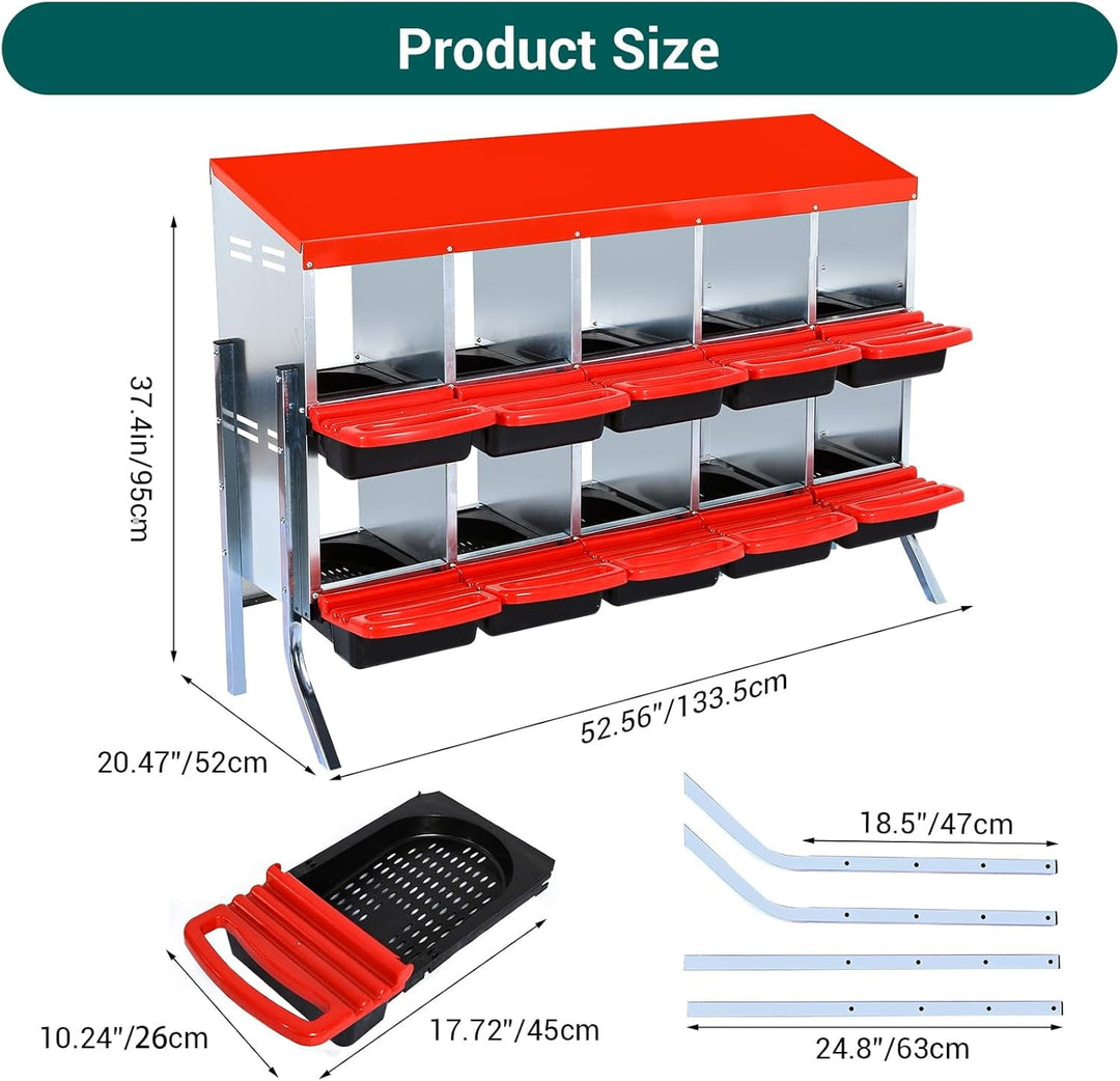 Pinypikaka Chicken Nesting Box with Bracket Legs, 10 Compartments Nesting Boxes for Chickens, Chicken Laying Boxes, Roll Away Nesting Box for Chickens Laying Egg with Lid Cover