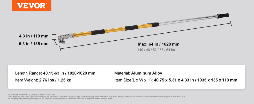 VEVOR Drywall Flat Box Handle 40''-64'' Anodized Aluminum 5-Section Length Adjustable Non-Slip Grip for Plasterboard, Wallboard