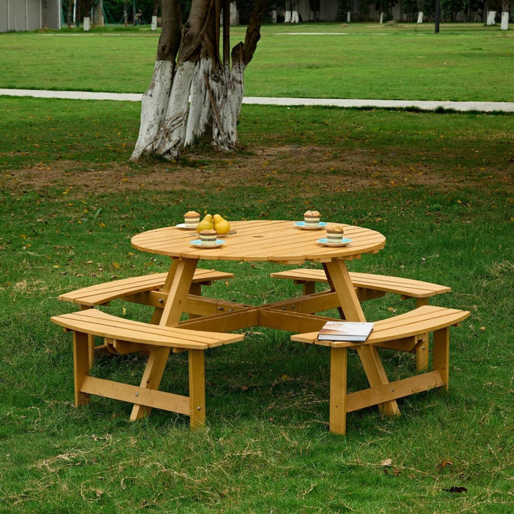 8-person Round Outdoor Picnic Table With 4 Benches & Umbrella Hole, Natural Pine