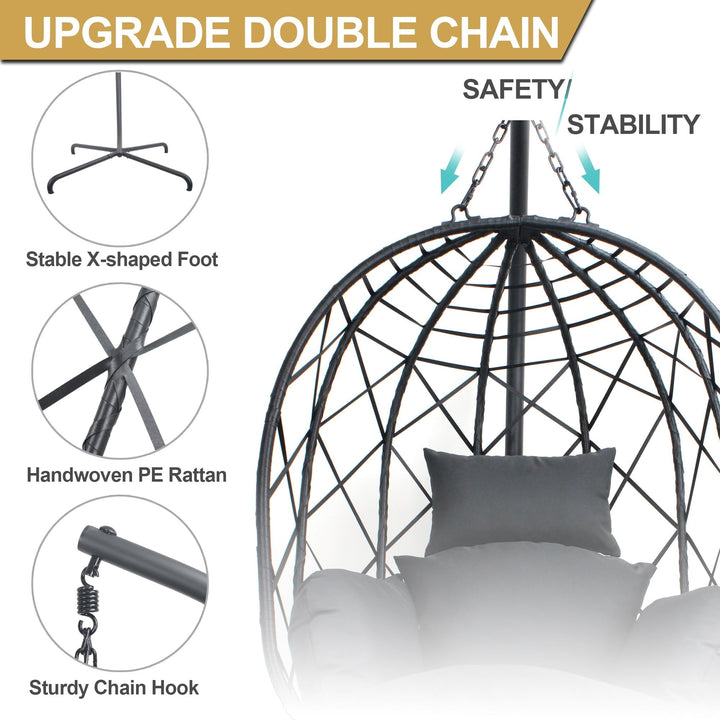 TQKVIPI Wicker Egg Chair Outdoor Indoor,Foldable Patio Hanging Egg Chair with Stand,Swing Chair with UV Resistant Cushion 350lbs Capacity for Bedroom, Patio, Garden and Balcony (Black+Dark Grey)