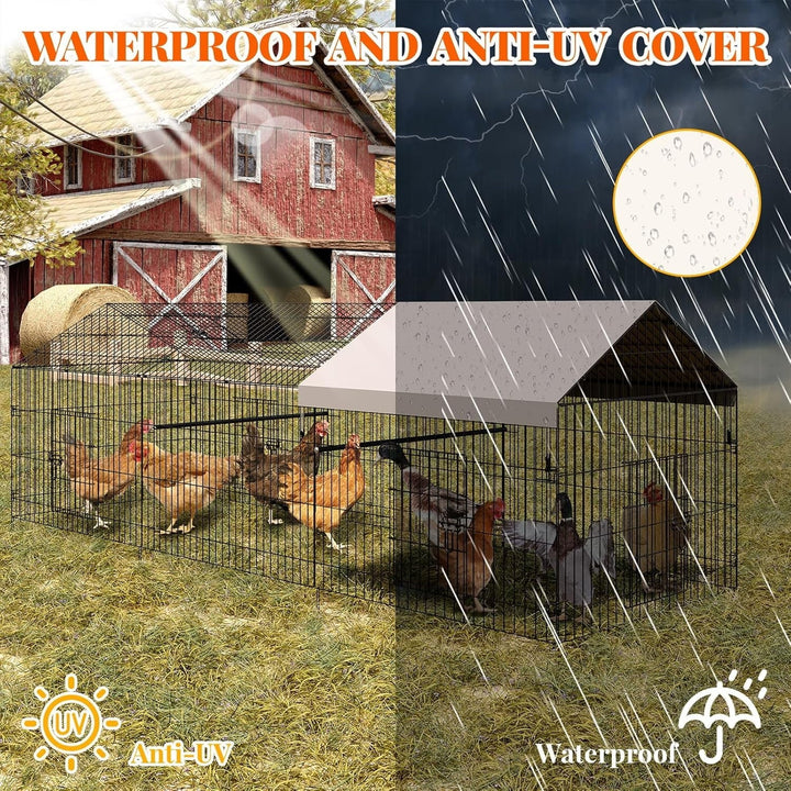 Pinypikaka Metal Chicken Coop w/ Waterproof Cover, Poultry Cage, Walk in Hen House, Outdoor Backyard Farm Animal Enclosure Crate, Pet Playpen Exercise Pen for Rabbit Duck Hen, 130" L x 40" W x 40" H