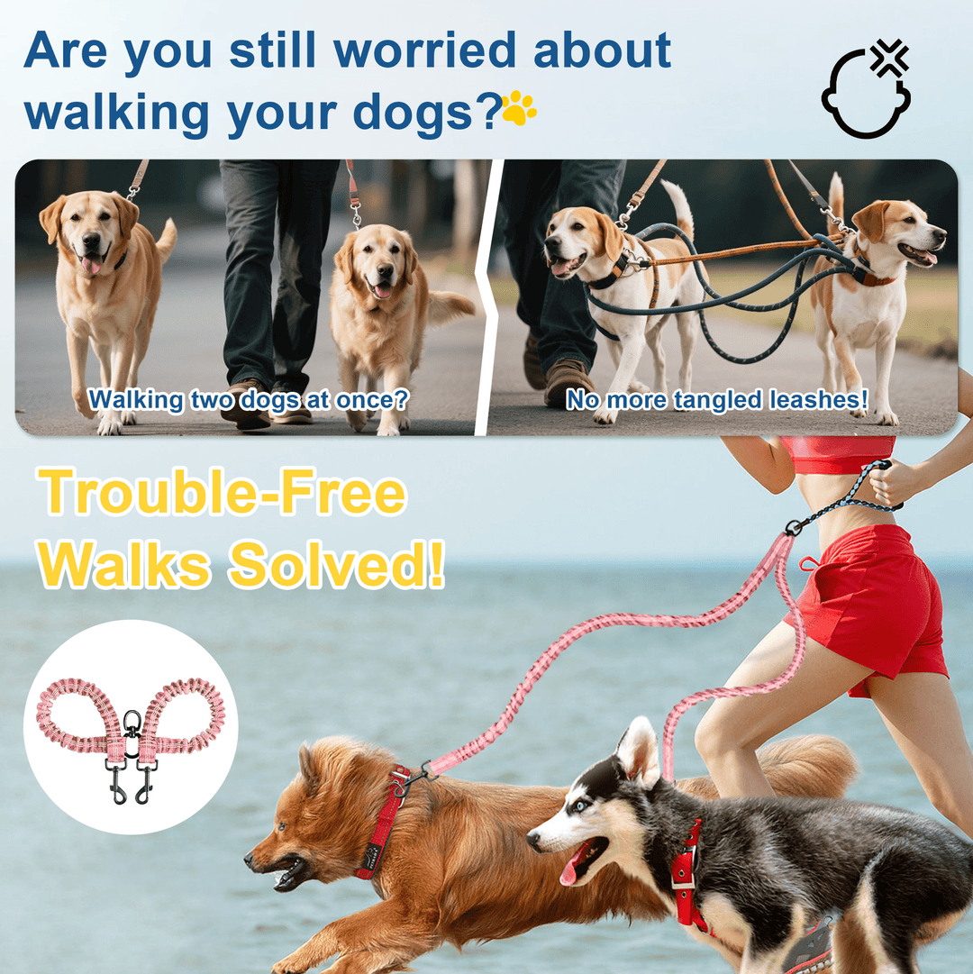 Double Dog Leash for Walking 2 Dogs - Tangle-Free 360° Swivel & Shock-Absorbing Bungee(Pink)