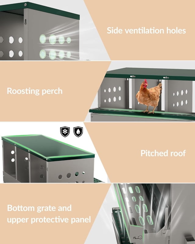 Green Metal Chicken Nesting Box for Laying Eggs, Rustproof Wall-mountable Roll Away Chicken Laying Boxes for Hens, Waterproof, Ventilated with Perch, 10 Compartments