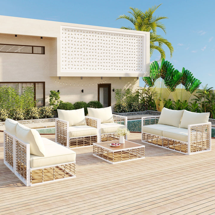 Olurrisa 7-Piece Metal Patio Sectional Sofa Set, All-Weather Garden Conversational Furniture Set with Thick Cushions and Coffee Table Modern Minimalist for Indoor Outdoor, White
