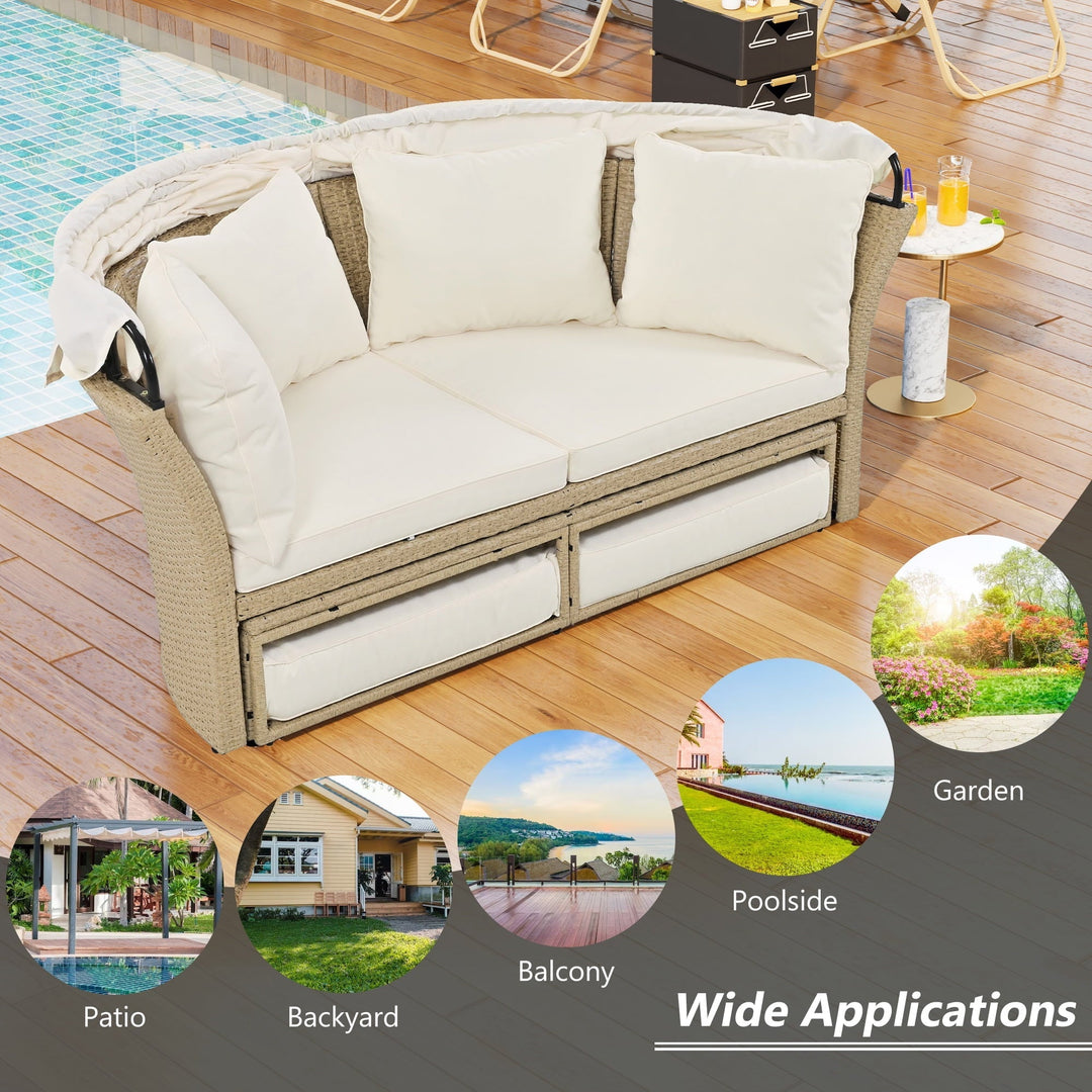 Outdoor Rattan Double Daybed with Retractable Shade, 4 Pillows Included for Lawn, Garden, or Poolside, Beige