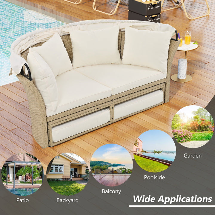 Outdoor Rattan Double Daybed with Retractable Shade, 4 Pillows Included for Lawn, Garden, or Poolside, Beige