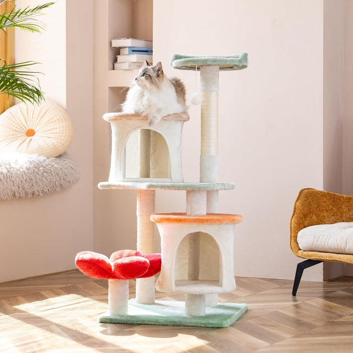 Flower cat climbing frame, tower-style apartment furniture suite, soft resting area cat play platform, multi-level toy ball pet house with scratch posts, indoor cat play facilities.