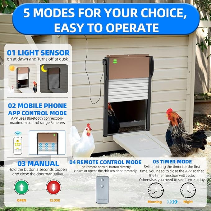 Automatic Chicken Coop Door Solar Powered with Timer, Programmable Light Sensor Openers with Remote Control, Anti-Pinch Aluminum Auto Chicken Coops Doors with 5 Modes for Farm, Outdoor, Yard, Brown