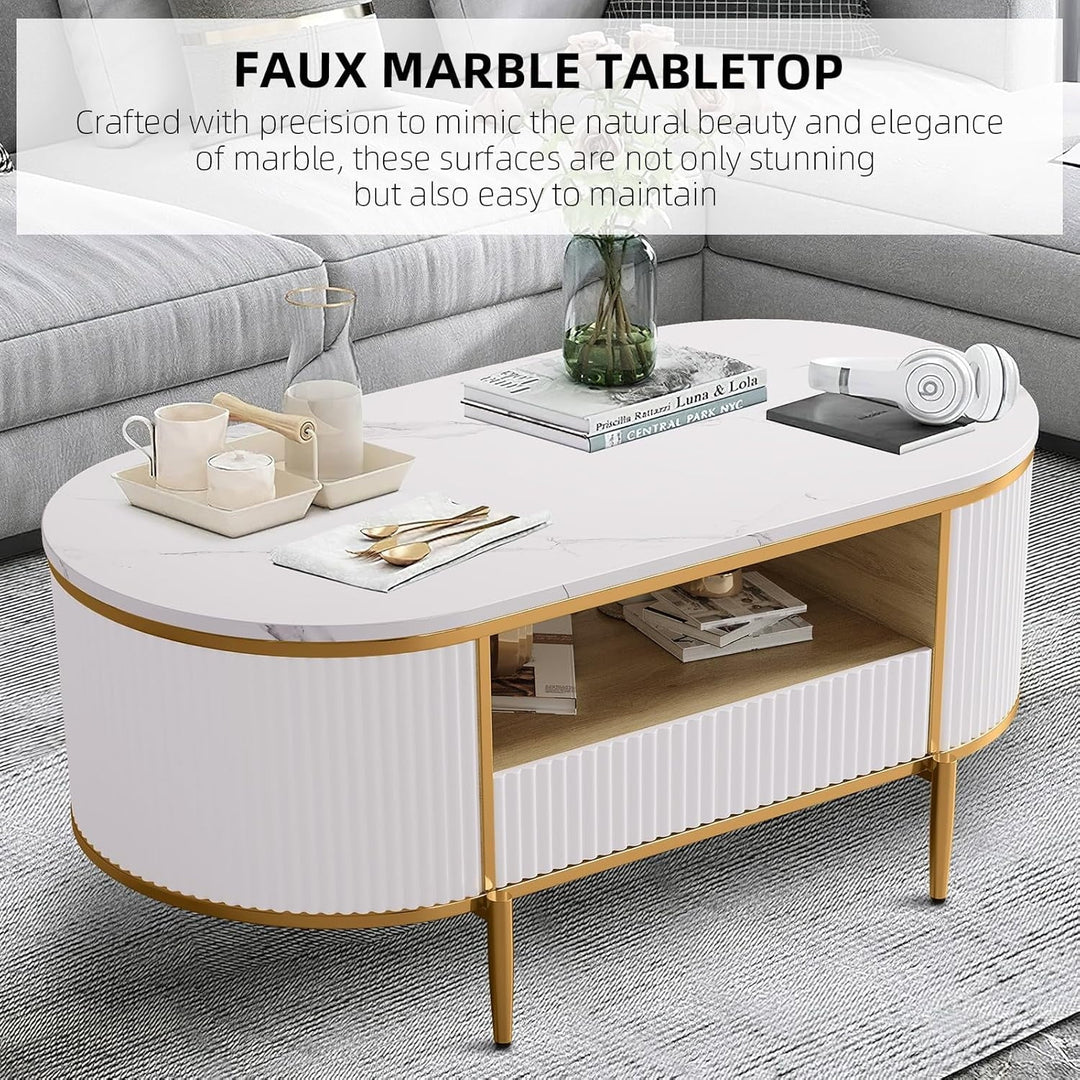 Modern Fluted Coffee Table, 48'' Modern Oval Coffee Table with Drawer, Faux Marble Top, Curved Profile Center Table with Storage, Gold Metal Decor, Center Table for Living Room, White