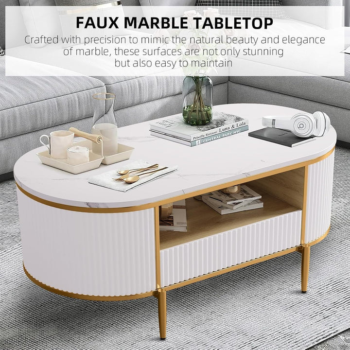Modern Fluted Coffee Table, 48'' Modern Oval Coffee Table with Drawer, Faux Marble Top, Curved Profile Center Table with Storage, Gold Metal Decor, Center Table for Living Room, White