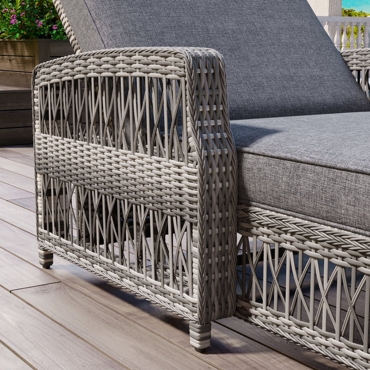 Outdoor Long Reclining Chaise, Wicker Lounge Chairs with 4 Level Position Adjustable Backrest, All Weather Patio Recliner with Armrests & Removable for Poolside Garden, Grey