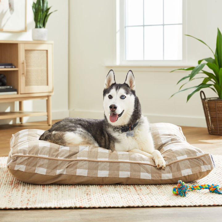 Vibrant Life Bed for Dogs, Gusseted Mat, Removable & Washable Cover, Tan Plaid, 42" x 32"