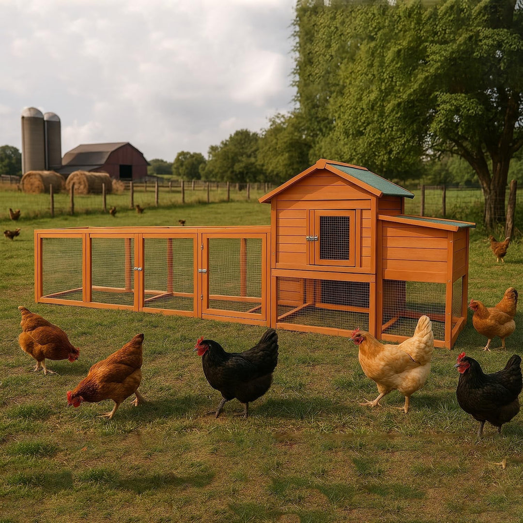 MIDOQIN 122" Wooden Chicken Coop, Large Outdoor Hen House with Nesting Box & Wire Fence Waterproof Poultry Cage