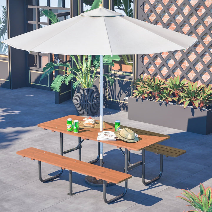 72" Wood Picnic Table w/Umbrella Hole for Outdoor, Rectangle Patio Dining Table and Bench Set, Heavy-Duty Picnic Beer Table Bench Set for Garden, Lawn & Backyard, Brown