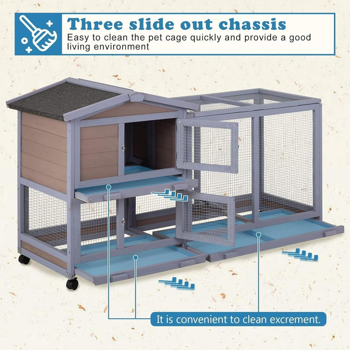 Rabbit Cage, Critter Cage, Two Tier 58" Wheeled Wooden Bunny Cage, Rabbit Hutch Outdoor with Waterproof Roof & 3 Sliding Bottom Trays for Easy Cleaning, Multi-Door Design, Grey