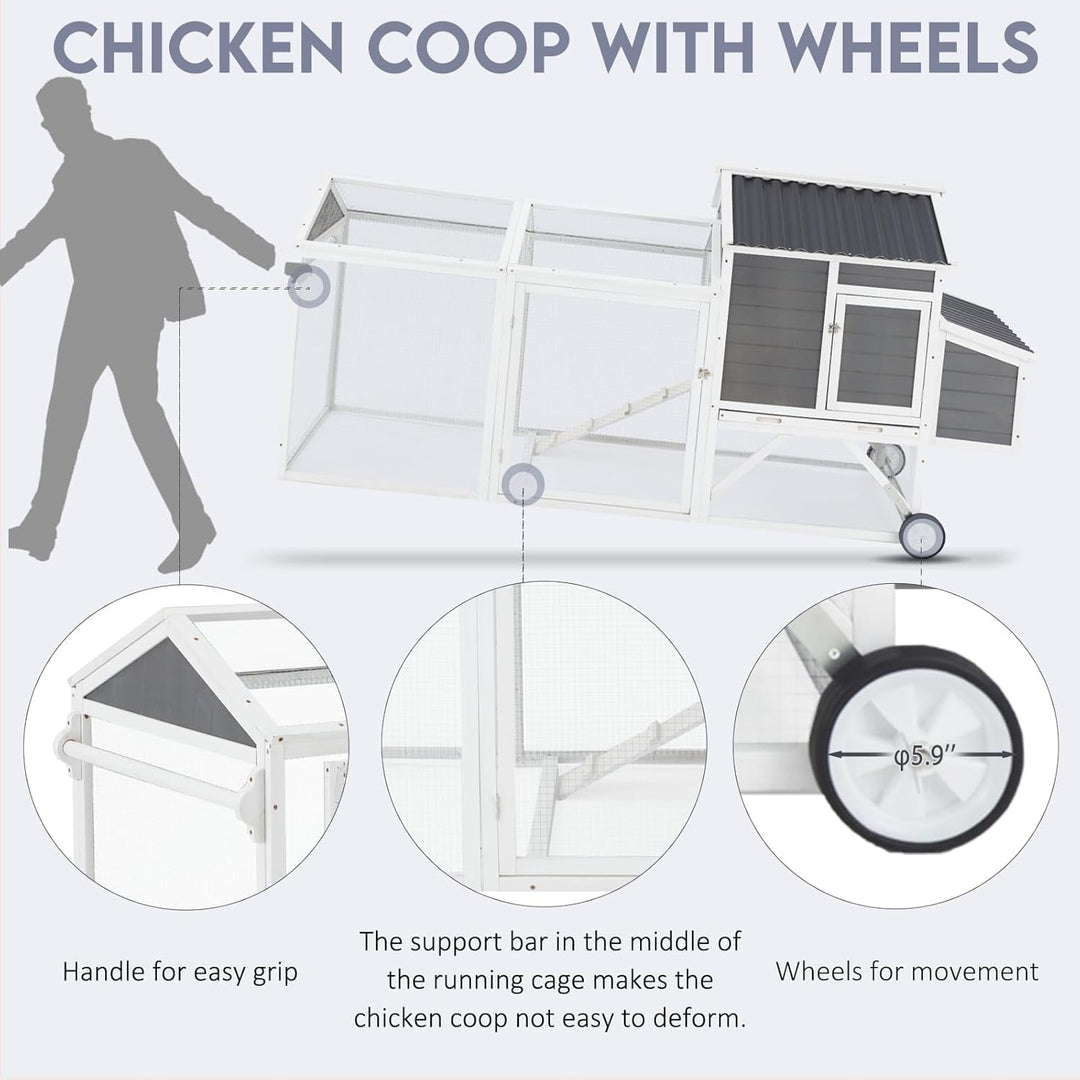 YODOLLA 95“ Chicken Coop with Wheels, Large Wooden Chicken Coop with Run & 2 Nesting Boxes Hen House Poultry Cage Chicken Hutch, Grey&White