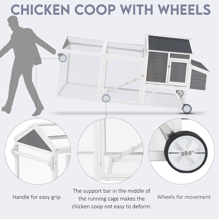 YODOLLA 95“ Chicken Coop with Wheels, Large Wooden Chicken Coop with Run & 2 Nesting Boxes Hen House Poultry Cage Chicken Hutch, Grey&White
