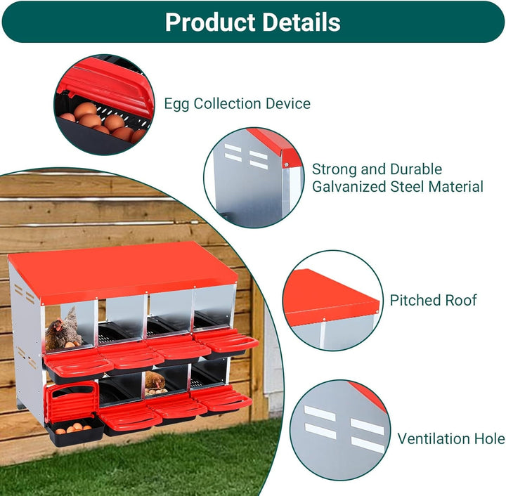 Chicken Nesting Box, 8 Compartments Nesting Boxes for Chickens, Chicken Laying Boxes, Roll Away Nesting Box for Chickens Laying Egg with Lid Cover to Protect Eggs