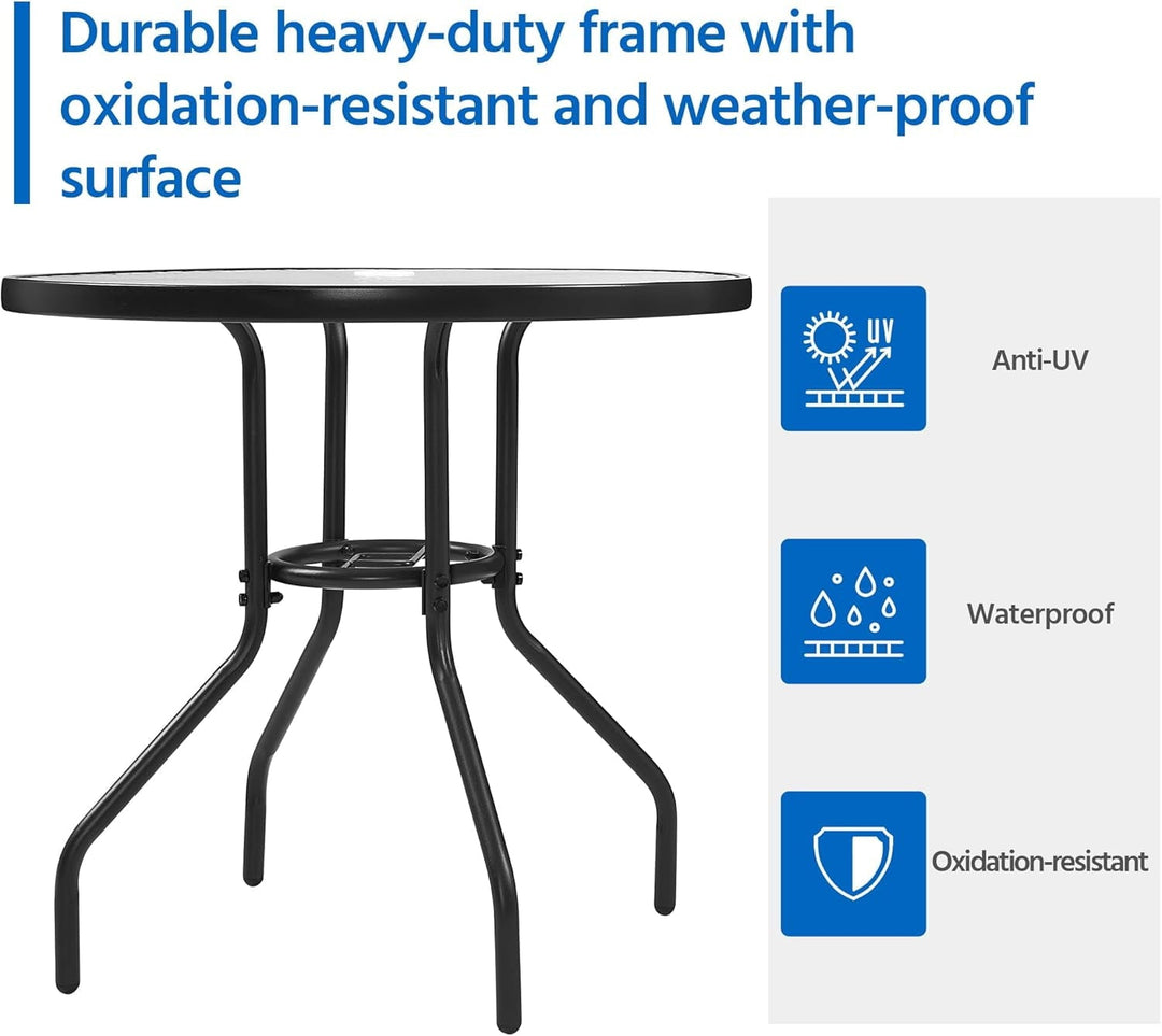YYEAN  27.4'' Patio Bistro Table Round Outdoor Coffee Table, Round Tempered Glass Top with 1.7'' Umbrella Hole, Iron Frame for Balcony Backyard Lawn and Garden