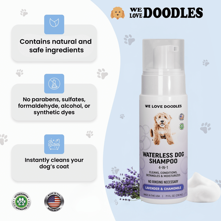 Waterless Dog Shampoo - Cleans & Moisturizes Coat, No Rinse Dog Shampoo, Safe Foam Formula & Pet-Friendly Dog Deodorizing Spray, 7.1 oz [We Love Doodles] (Lavender)