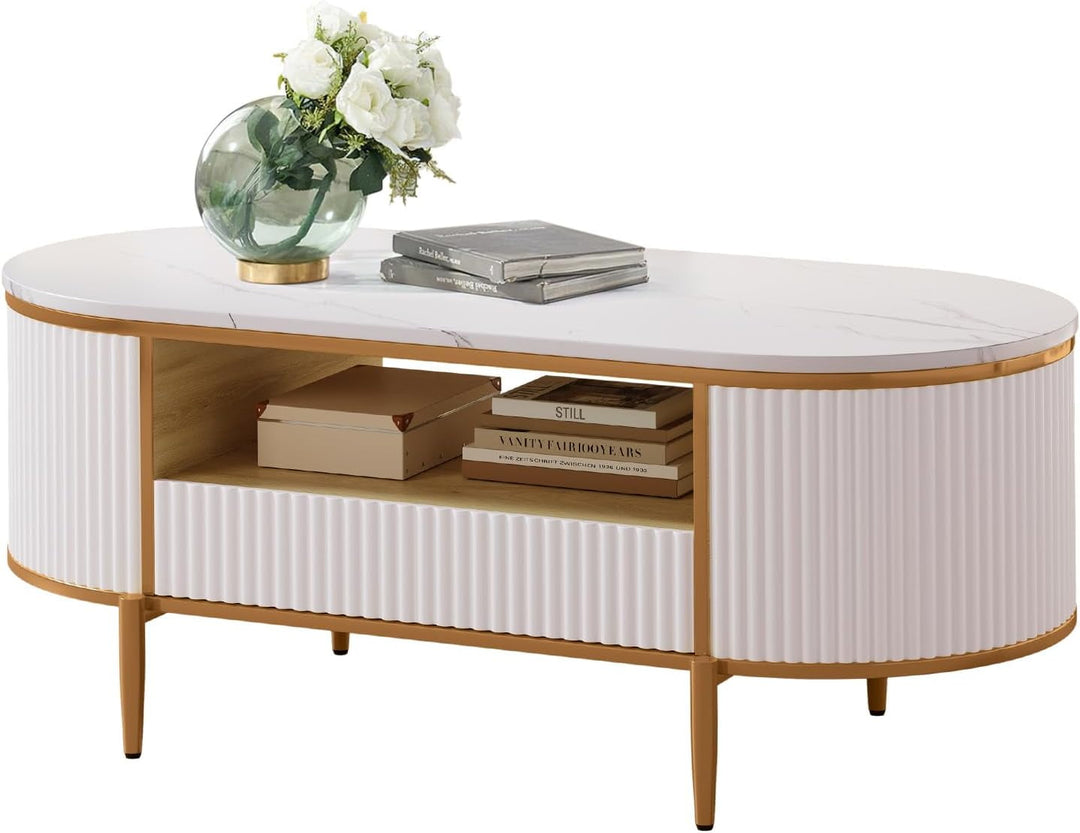 Modern Fluted Coffee Table, 48'' Modern Oval Coffee Table with Drawer, Faux Marble Top, Curved Profile Center Table with Storage, Gold Metal Decor, Center Table for Living Room, White