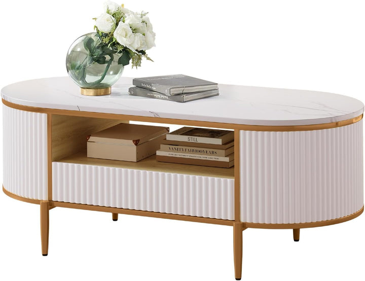 Modern Fluted Coffee Table, 48'' Modern Oval Coffee Table with Drawer, Faux Marble Top, Curved Profile Center Table with Storage, Gold Metal Decor, Center Table for Living Room, White